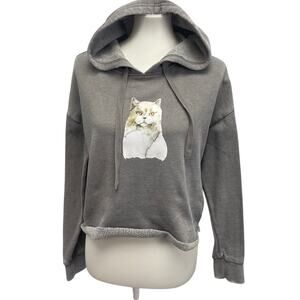 Hand Printed Upcycled Womens Medium Cropped Cat Kitten Hoodie Sweatshirt